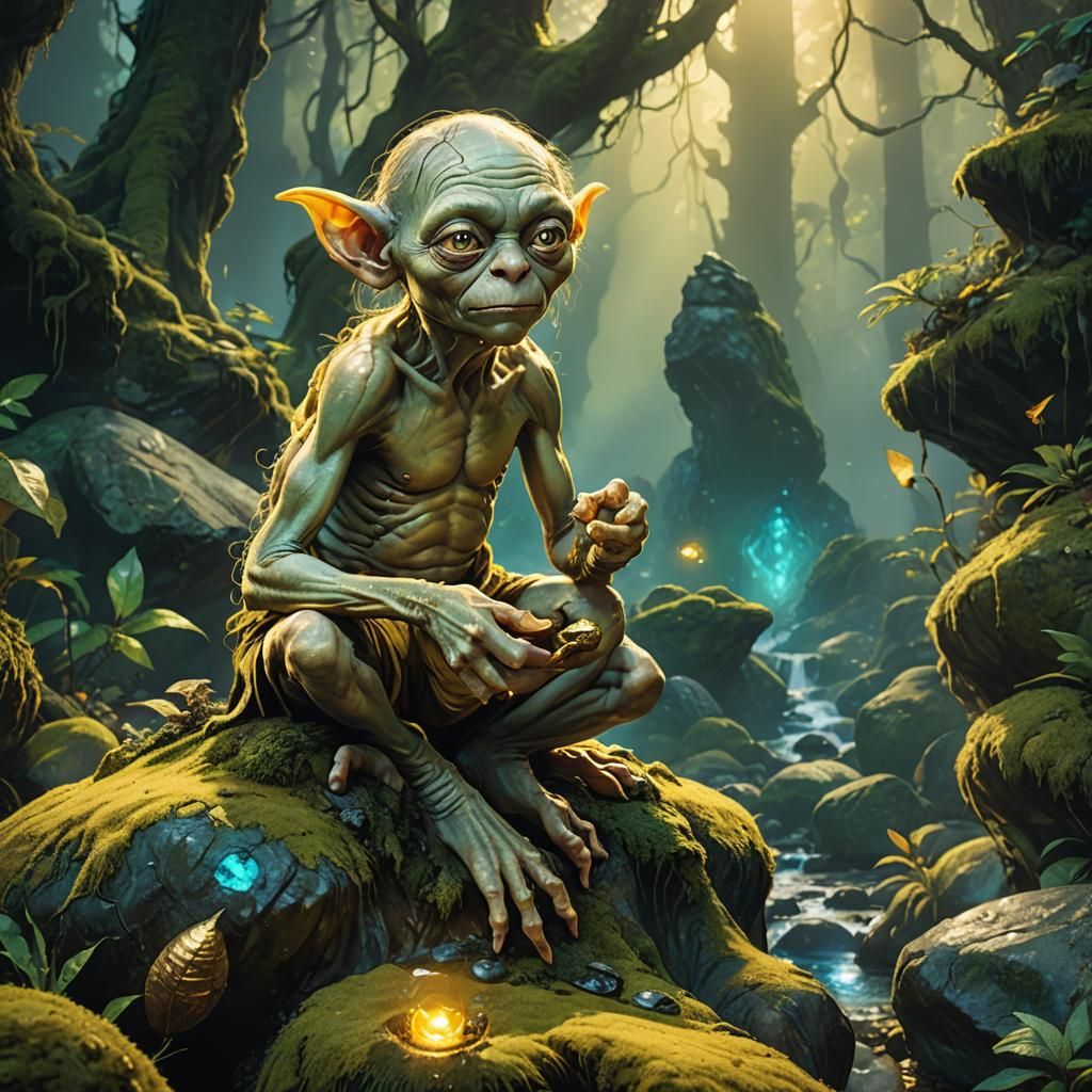 Golden Gollum with Glowing Treasure in Fantasy Art