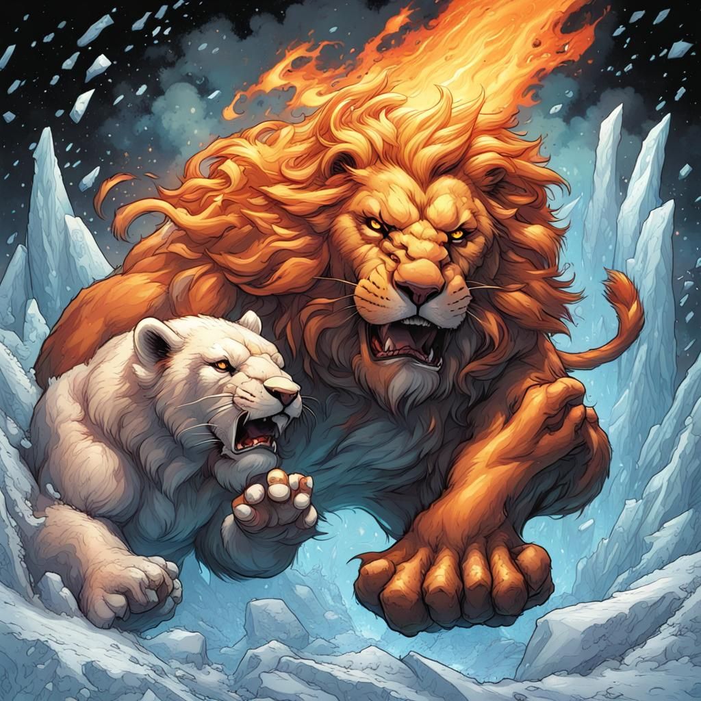 Fiery Lion Versus Ice Bear Comic Art