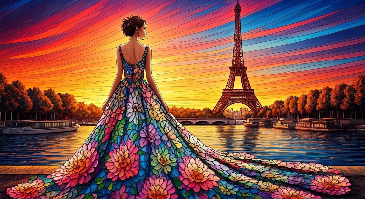 Woman in Stained Glass Floral Gown Under Sunset Sky