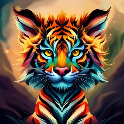 Detailed Baby Tiger in Inkblot Oil Painting