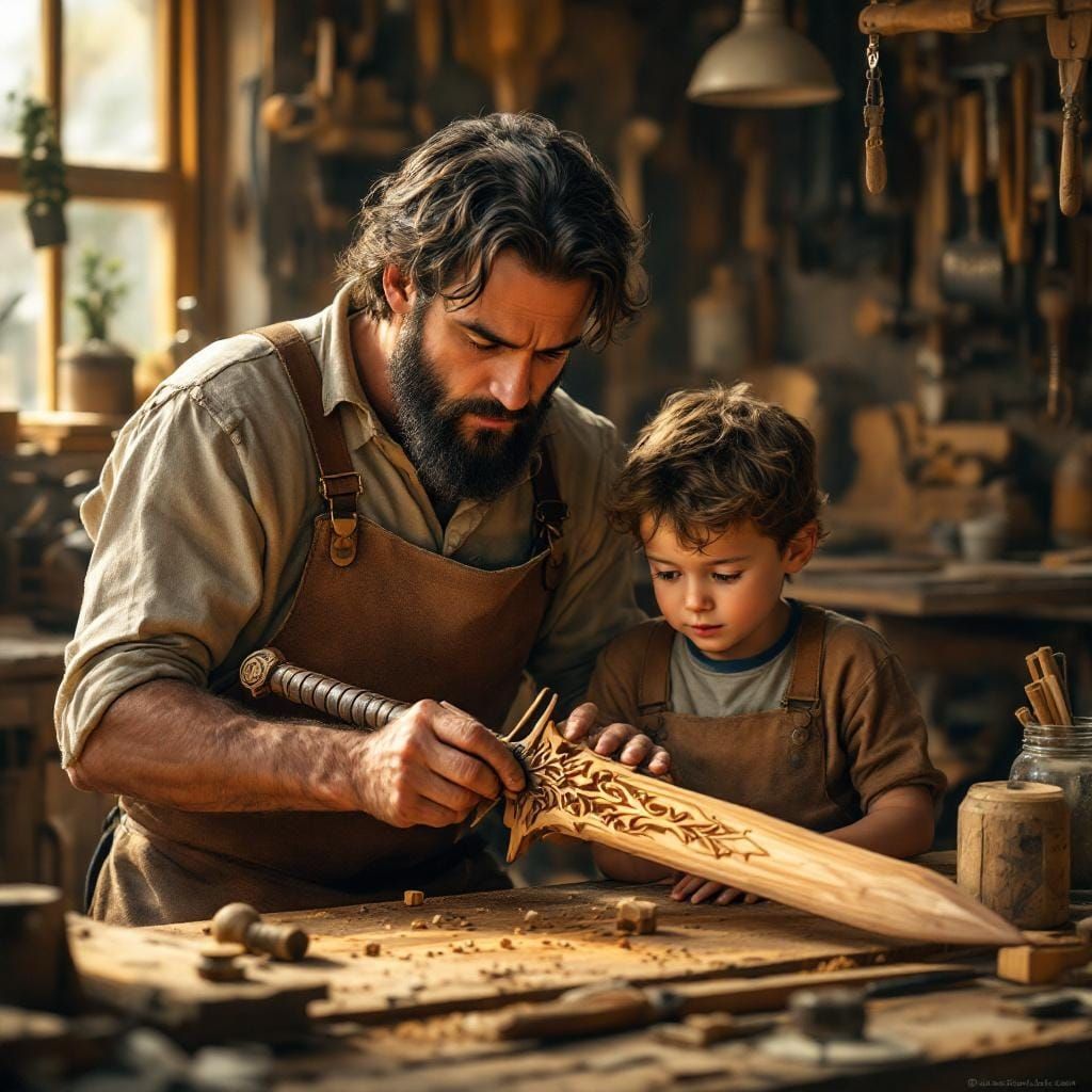 Carpenter Crafts Wooden Sword in Cozy Workshop