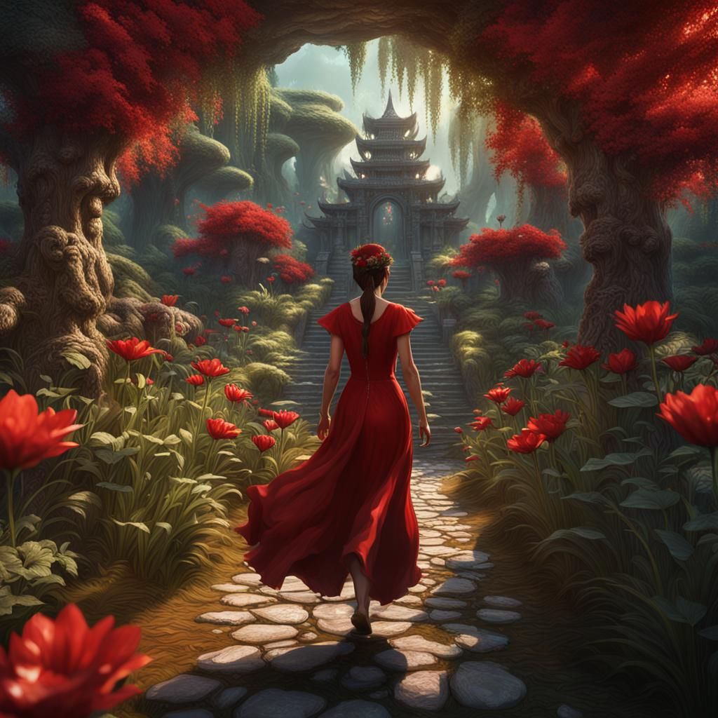 Woman in Red Dress in Jungle, Detailed Matte Painting