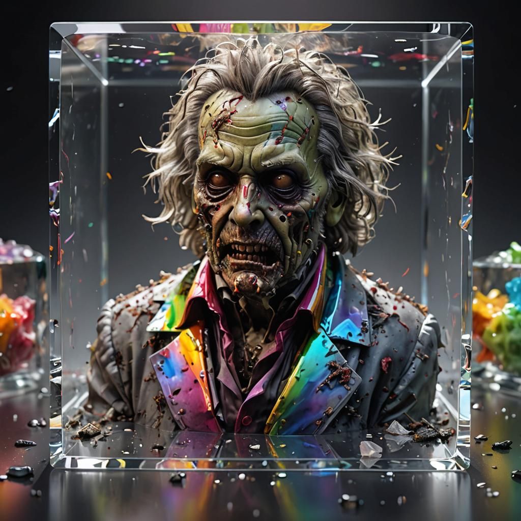 Zombie Beethoven in Crystal Cube, Hyperrealistic 3D Render