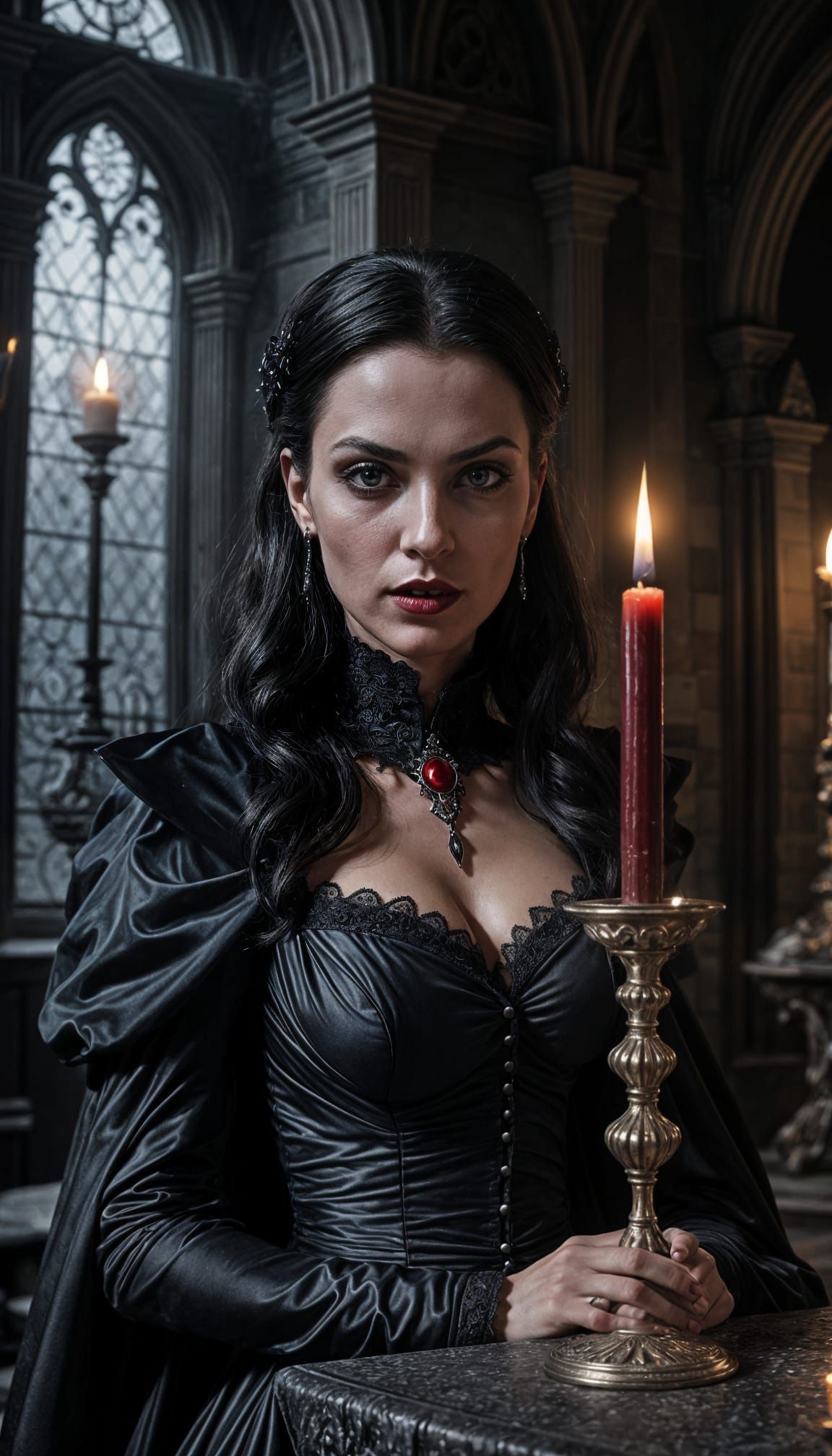 Gothic Female Vampire in Candlelit Castle Chamber