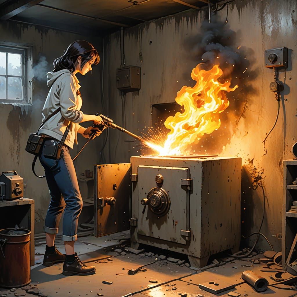 A woman using a flamethrower to burn a hole in an old safe i...