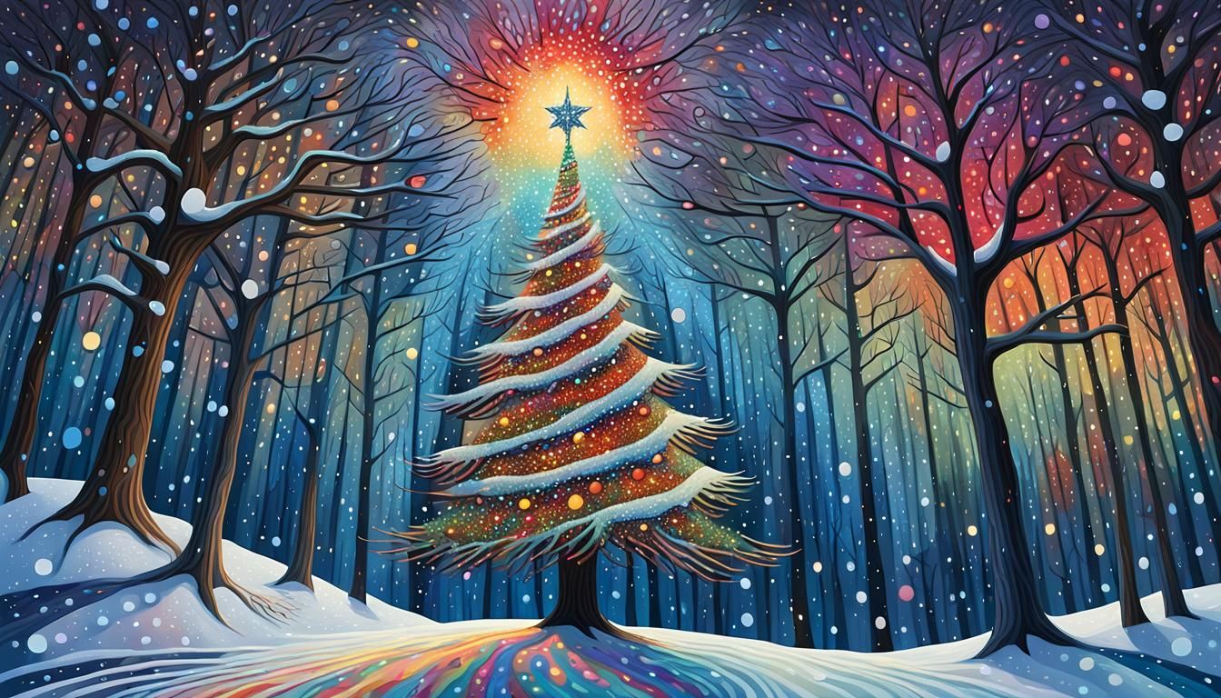 Mystical Christmas Tree in Psychedelic Winter Wonderland