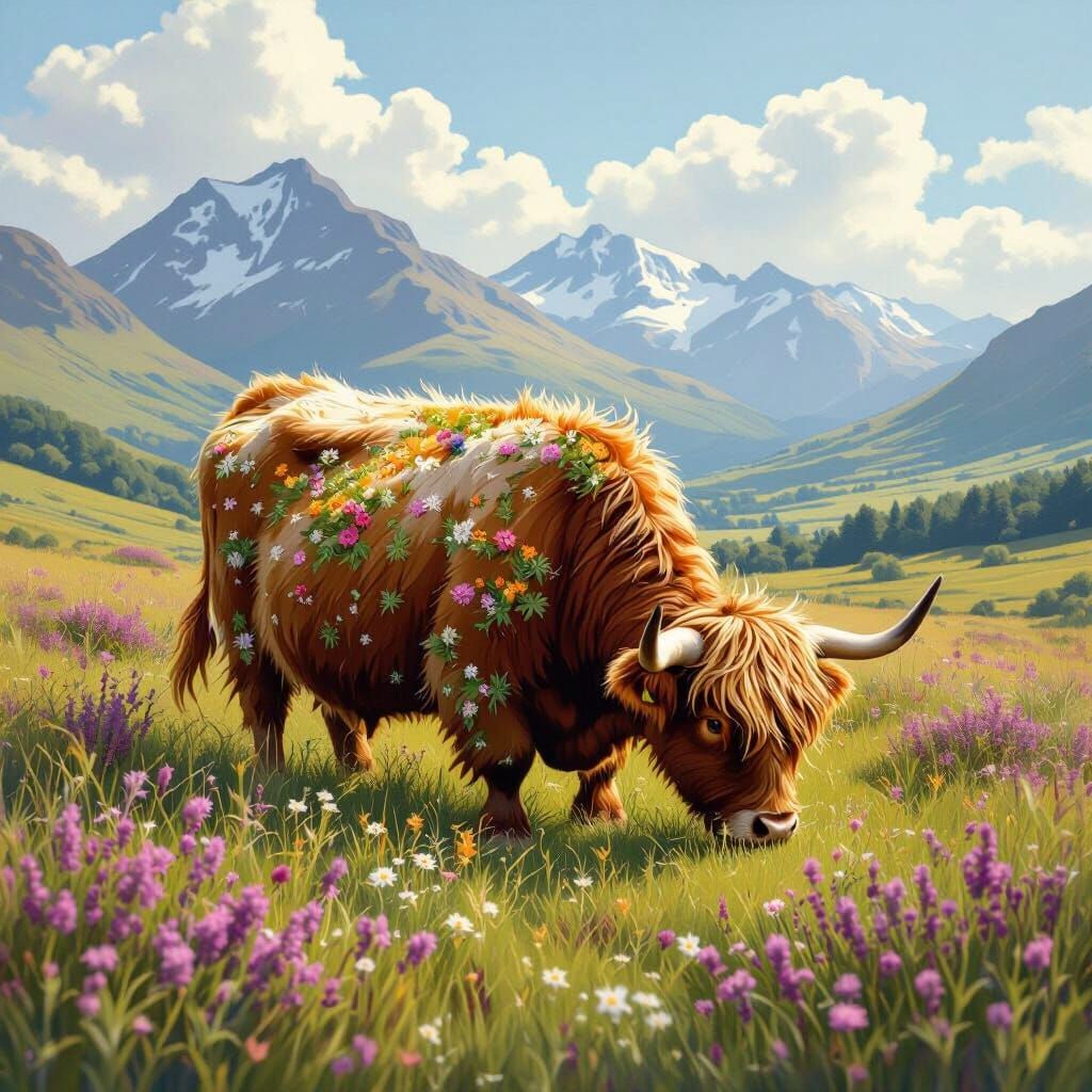 Wildflower Highland Cow Grazing in Scottish Meadow