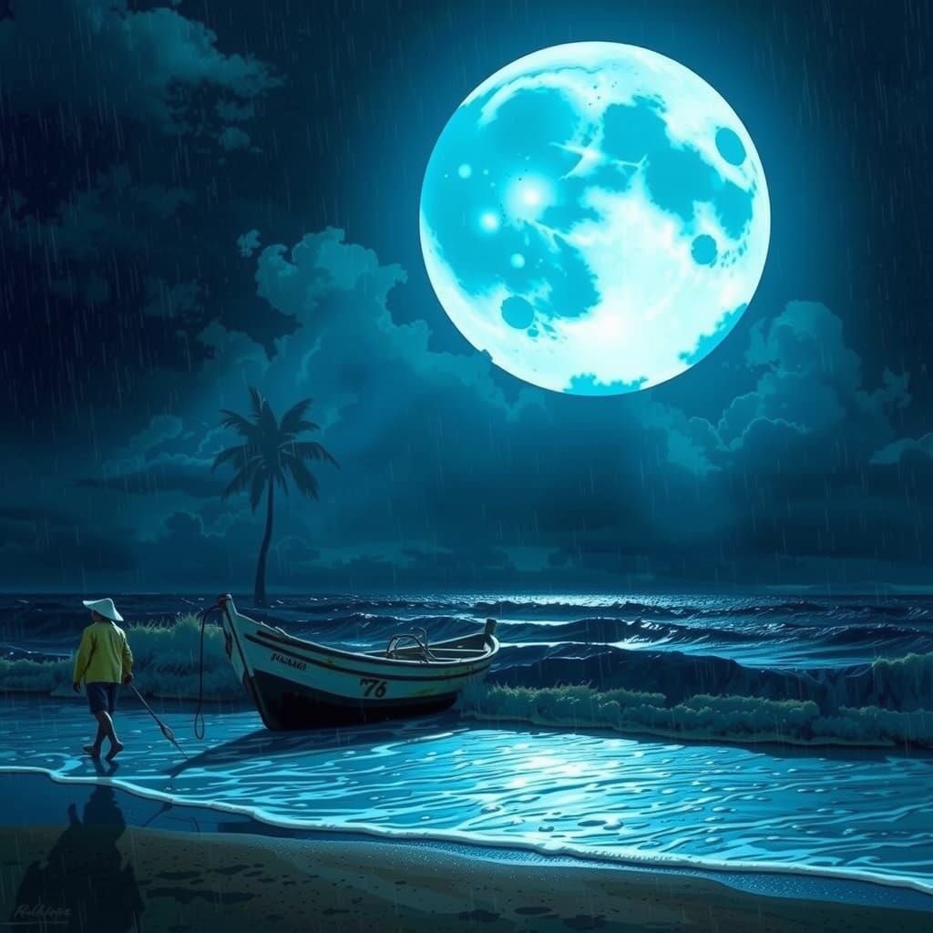 Thai Fisherman Under Moonlight, in Stalenhag Style