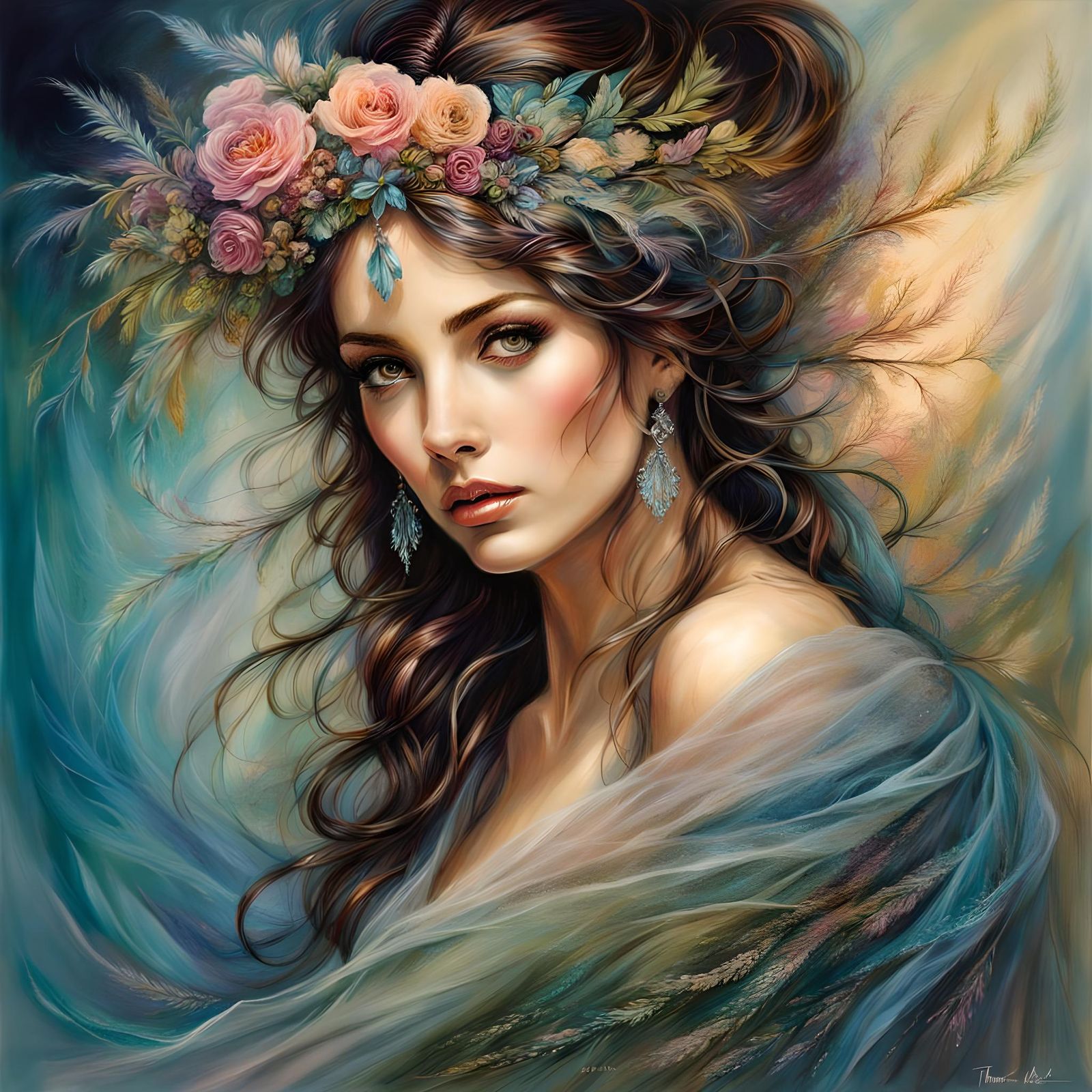 Brunette Woman in Tulle Fabric Illustration