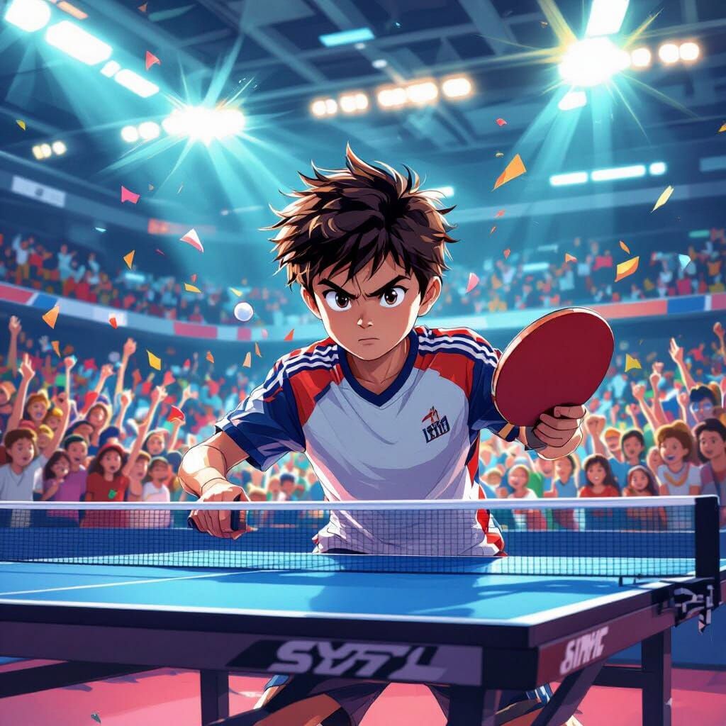 Intense Table Tennis Match in Stadium, in Digital Art Style