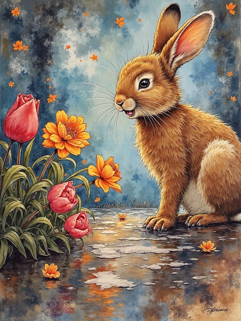 Laughing Punk Bunny in Garden, Alcohol Ink and Watercolor