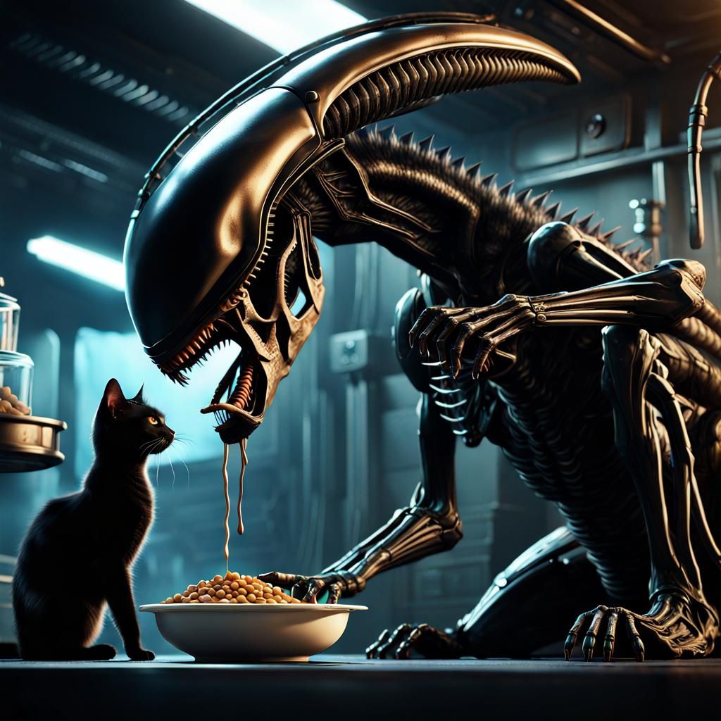 Xenomorph Stealing Cat Food: Detailed Matte Painting