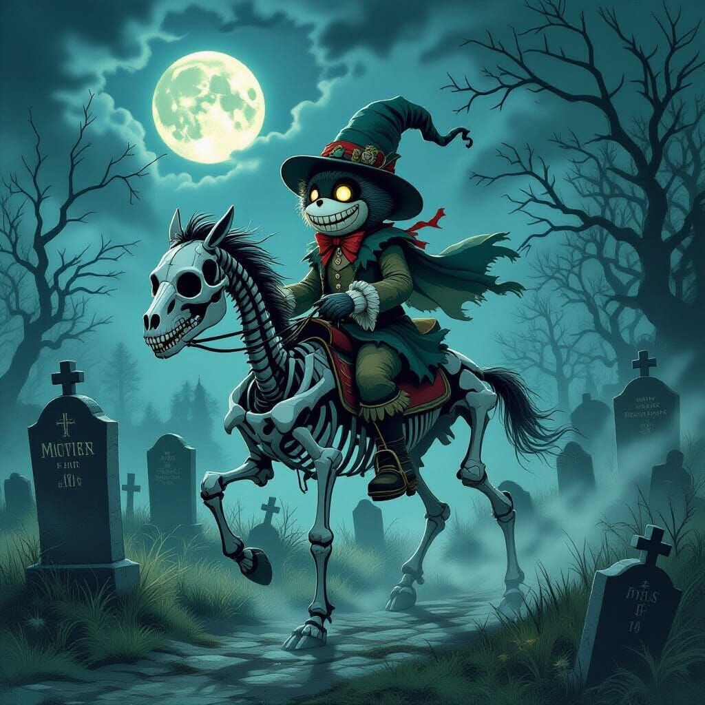 Sock Monkey Rides Spectral Steed Through Moonlit Graveyard