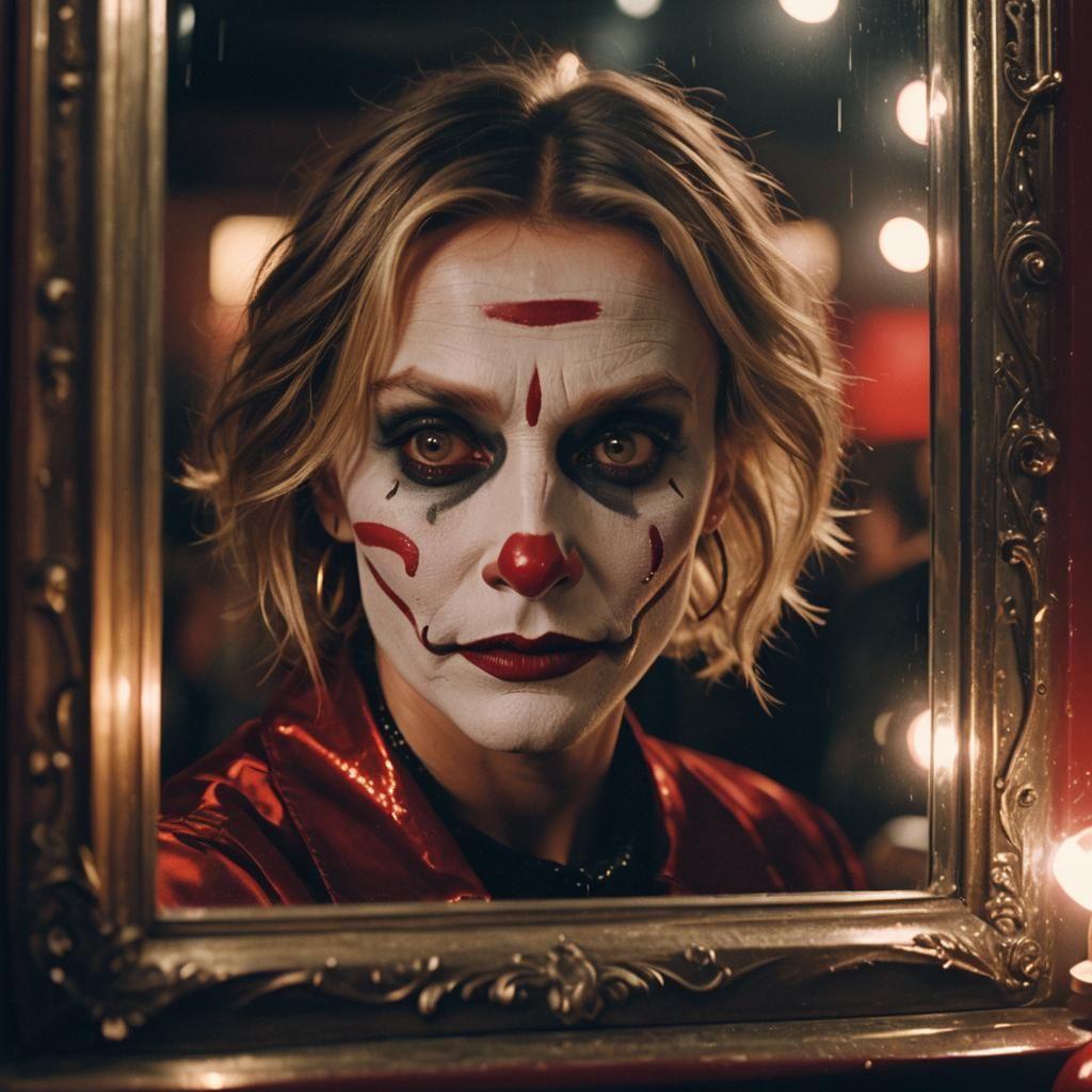 Clown Reflection in Old Hollywood Style