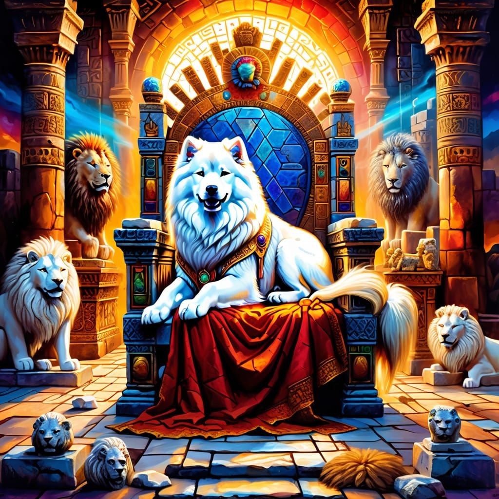 Lion-Headed Samoyed on Bone Throne: Fantasy Oil Painting