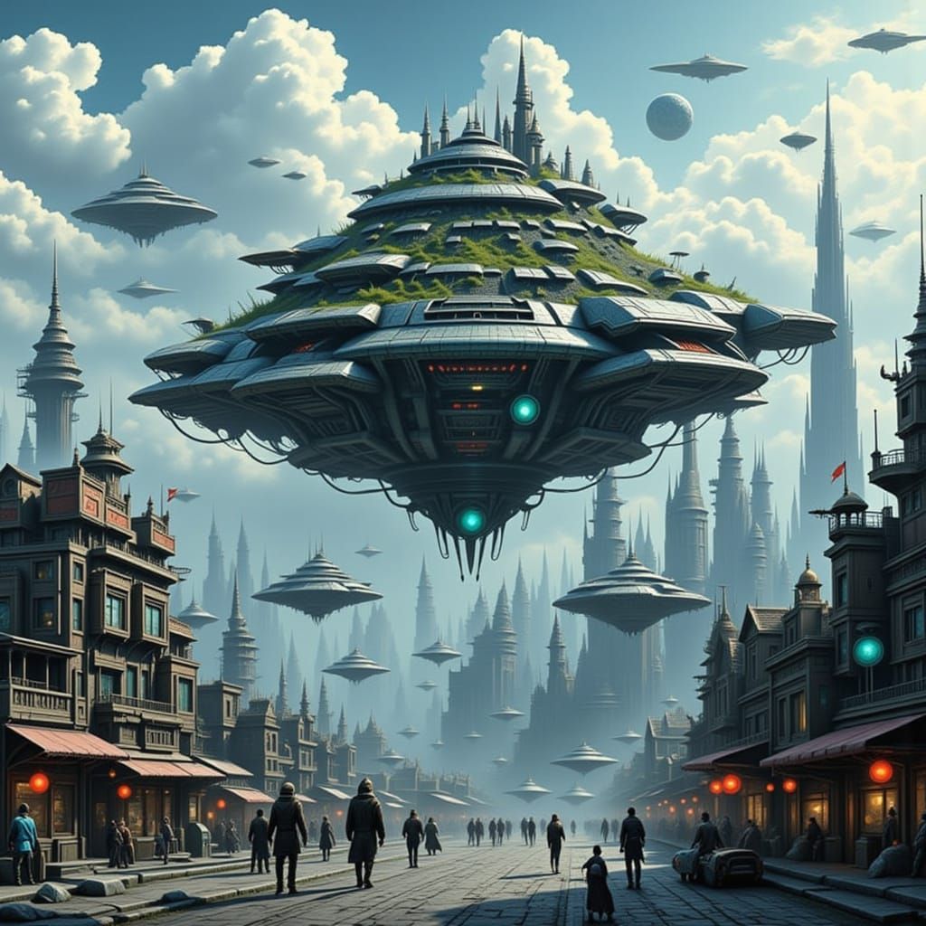 Hyperdetailed Sci-Fi Floating City with Flying Cars