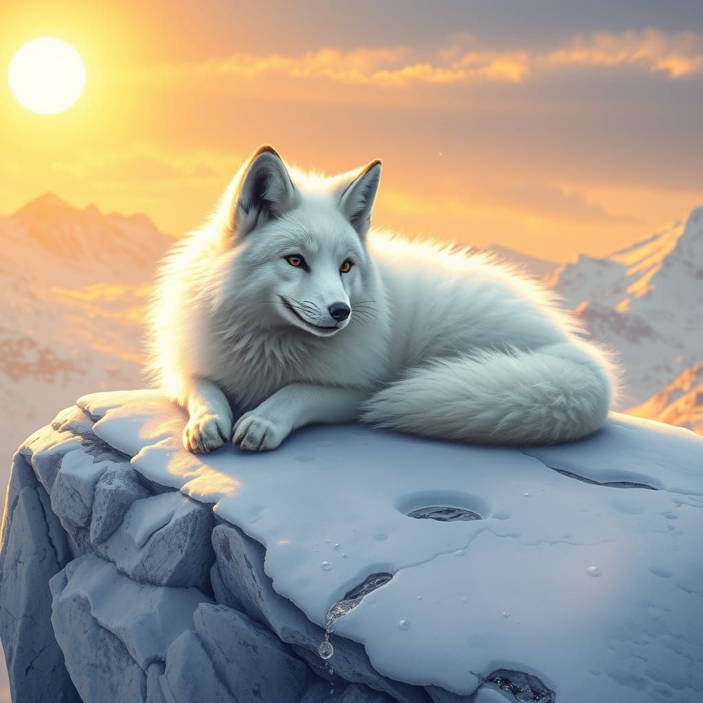 Snow Fox Basking in Sunlight: Dreamlike Illustration