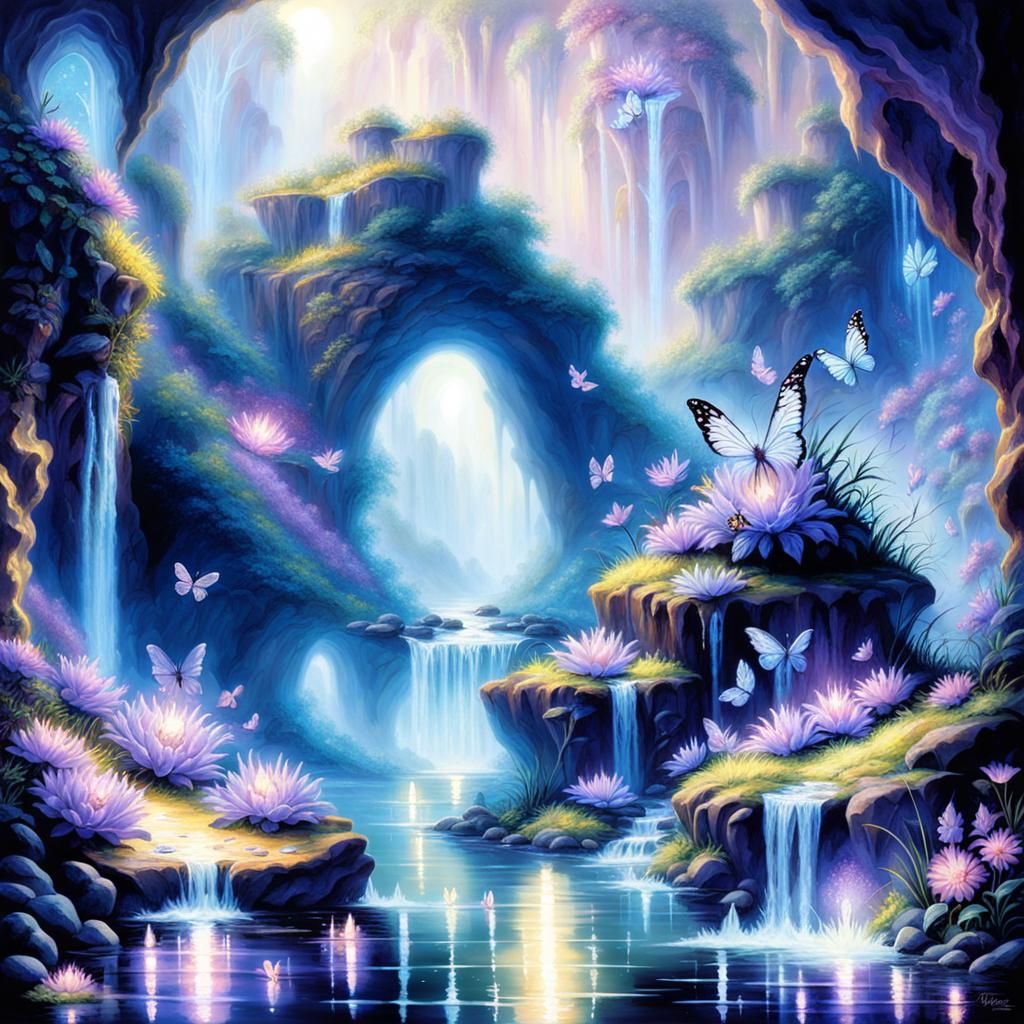 Luminous Cave with Butterflies and Waterfall