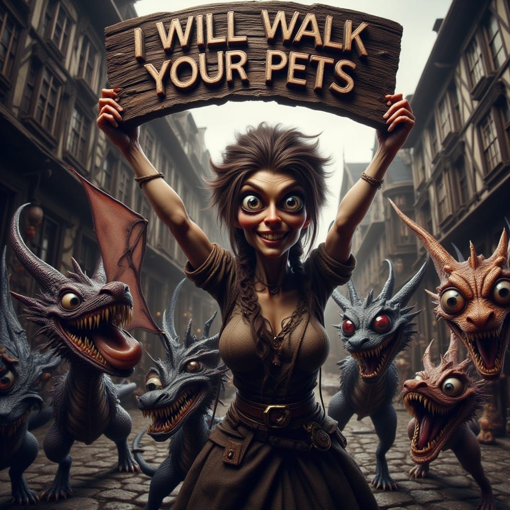 Fantasy Dragon Walker in Medieval Town Square