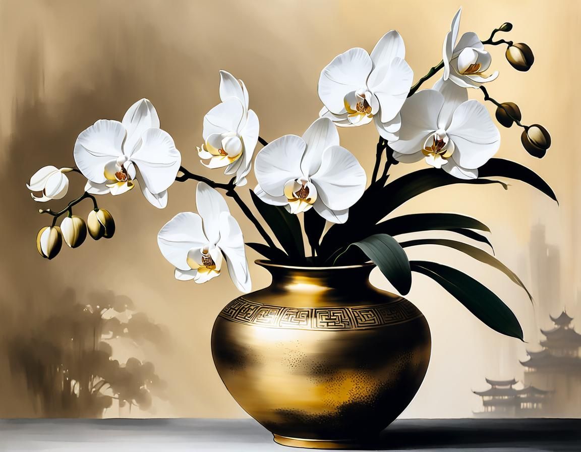 White Orchids in Golden Vase: Chinese Ink Painting