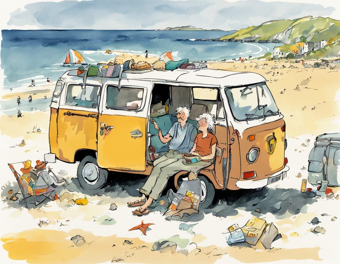 A Couple's Serene Beachside Moment in a Vibrant Campervan