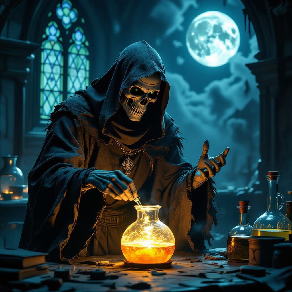 Undead Wizard Mixing Elixir in Gothic Laboratory