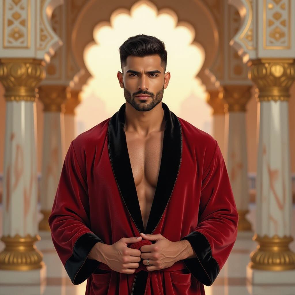 Handsome Indian Man in Red Velvet Bathrobe