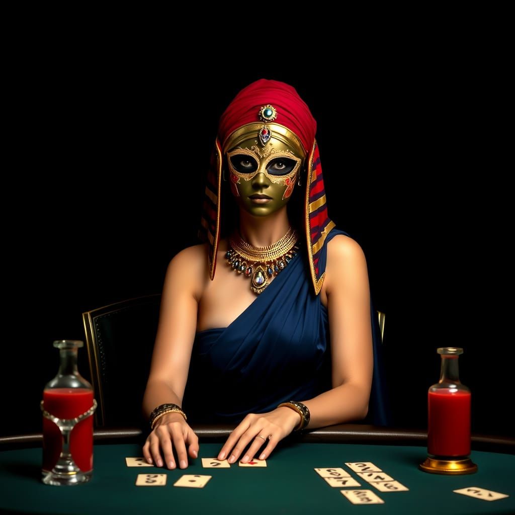 Cleopatra in Venetian Mask Plays Poker in Evening Gown
