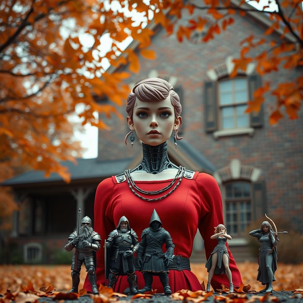Vintage Red Cyborg in Autumn Scene with Fantasy Figures