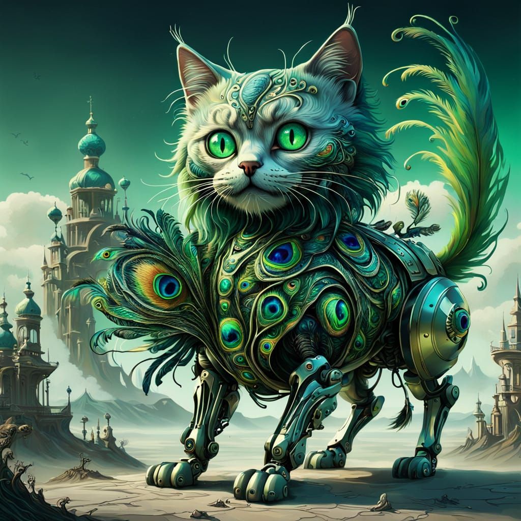 Neon Kitten Merges with Robotic Zombie Dog in Dreamlike Surr...