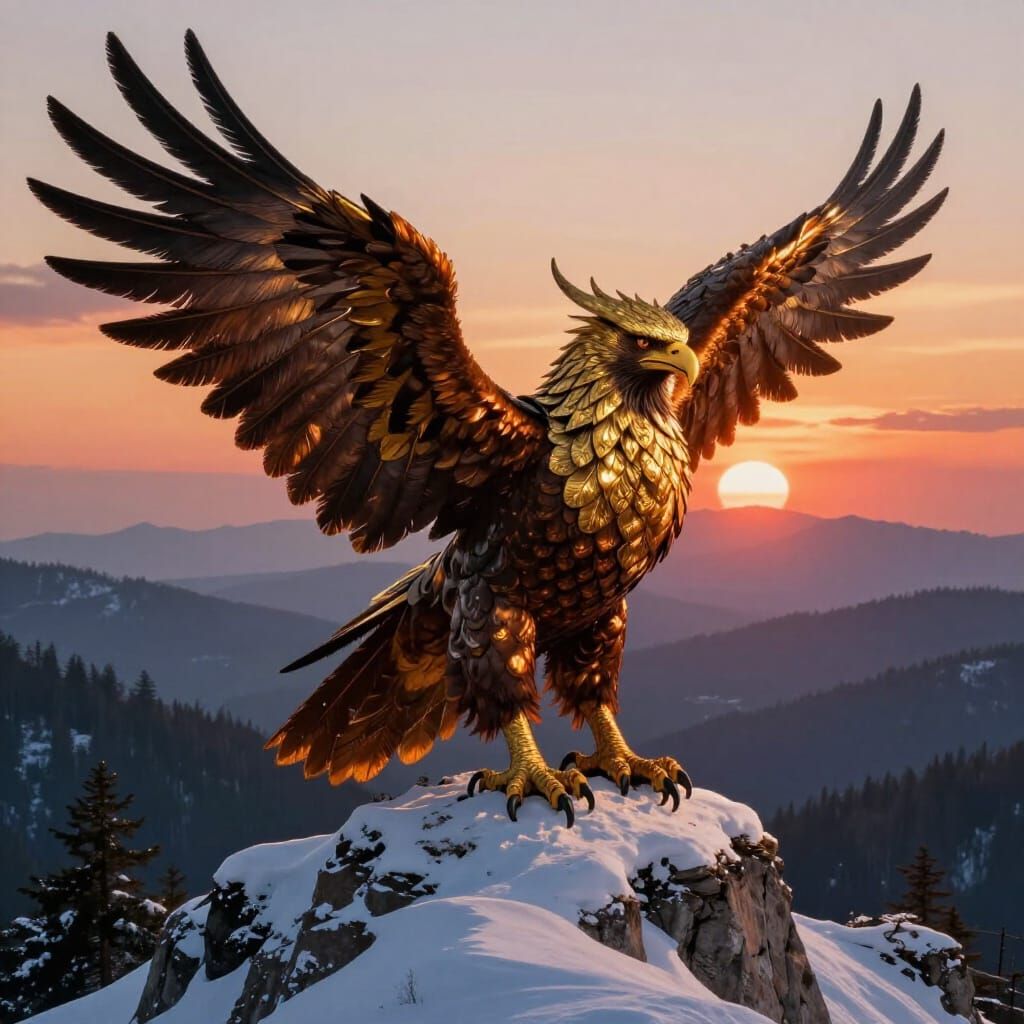 Majestic Griffin on Snowy Peak at Sunset