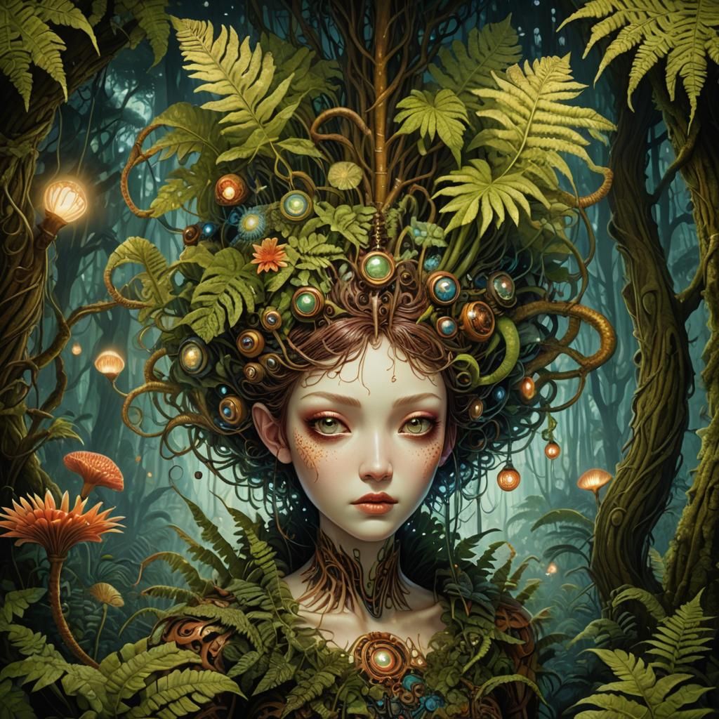 Woman Merging with Fern in Biomechanical Forest