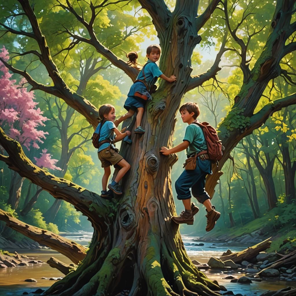 Happy Siblings Climbing Tree in Sunny Forest, Detailed Paint...