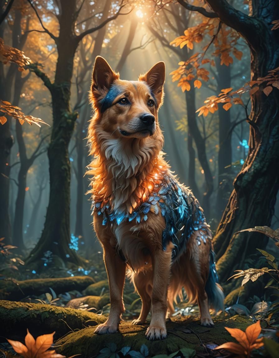 Dog in Mystical Forest: Vibrant Digital Art