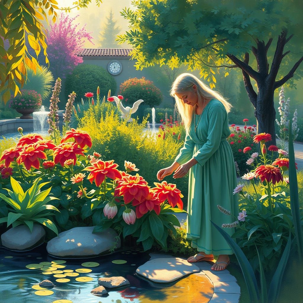 Mother Figure in Bosque Garden, Impressionist Style