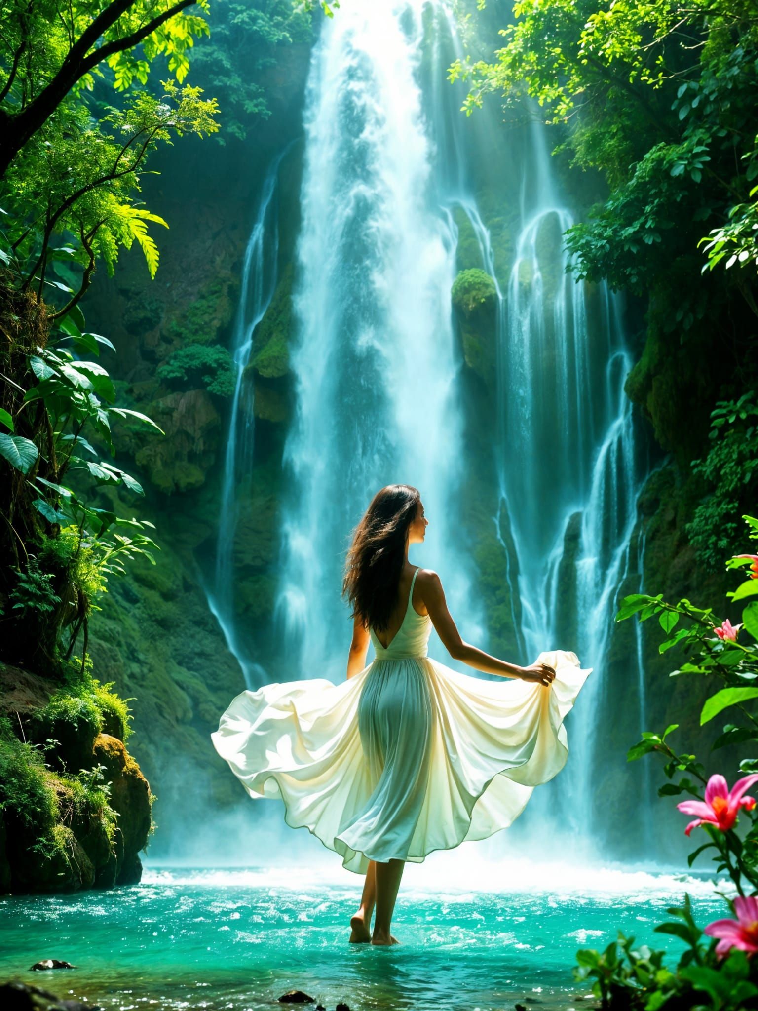 Woman in Tropical Waterfall Paradise