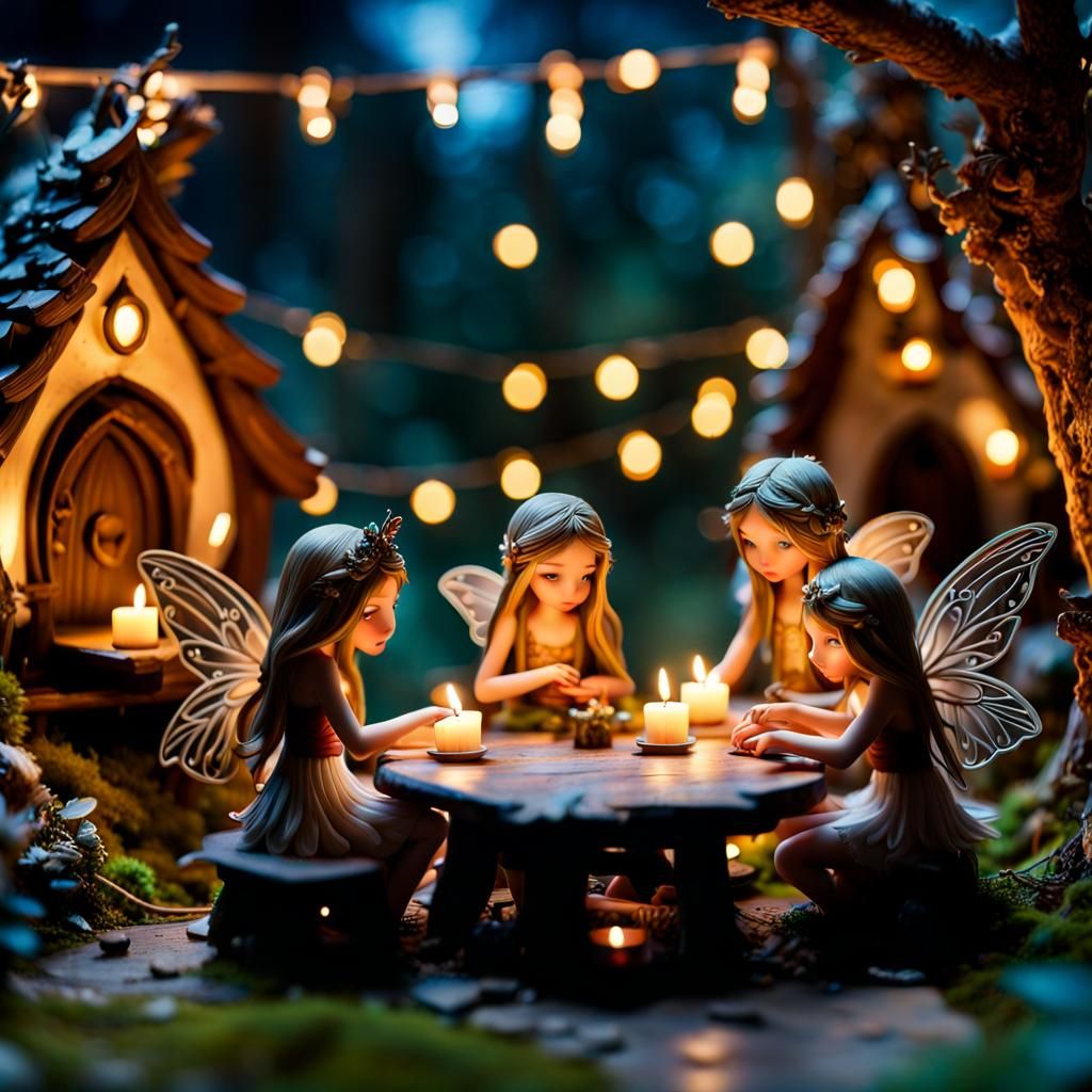 Enchanting Fairies in a Candlelit Forest Village