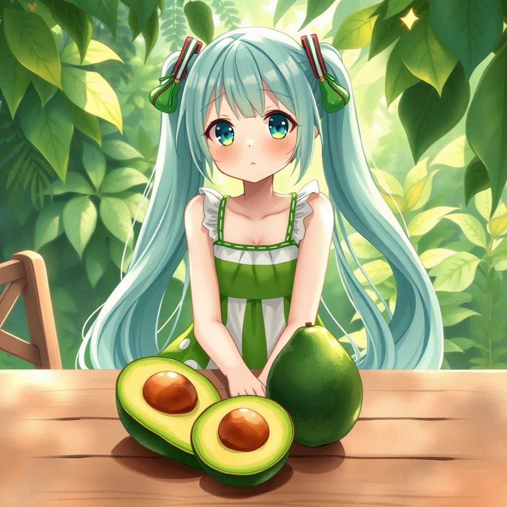 Vocaloid Miku Enjoys Whimsical Avocado Treat