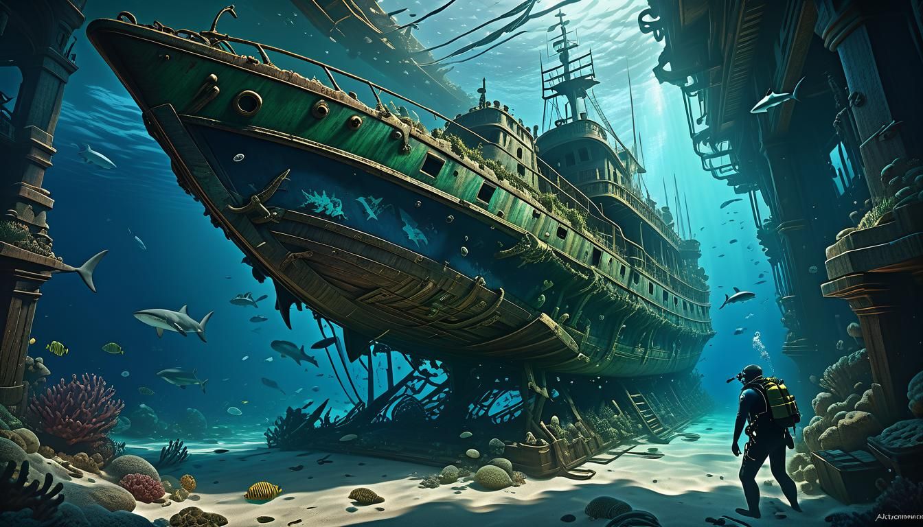 Underwater Shipwrecks and Divers in Dark Fantasy Style