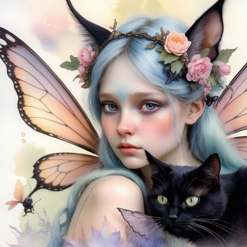 Sad Fairy with Black Cat in Watercolor Style