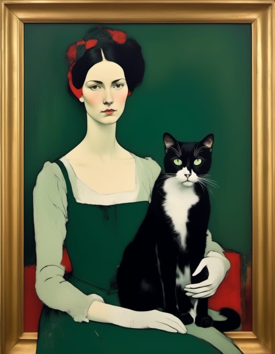 Modigliani-Style Portrait of Woman with Cat