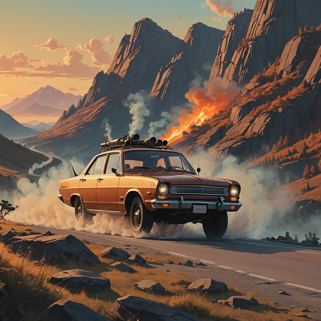 Vintage Car Races Through Mystical Landscape