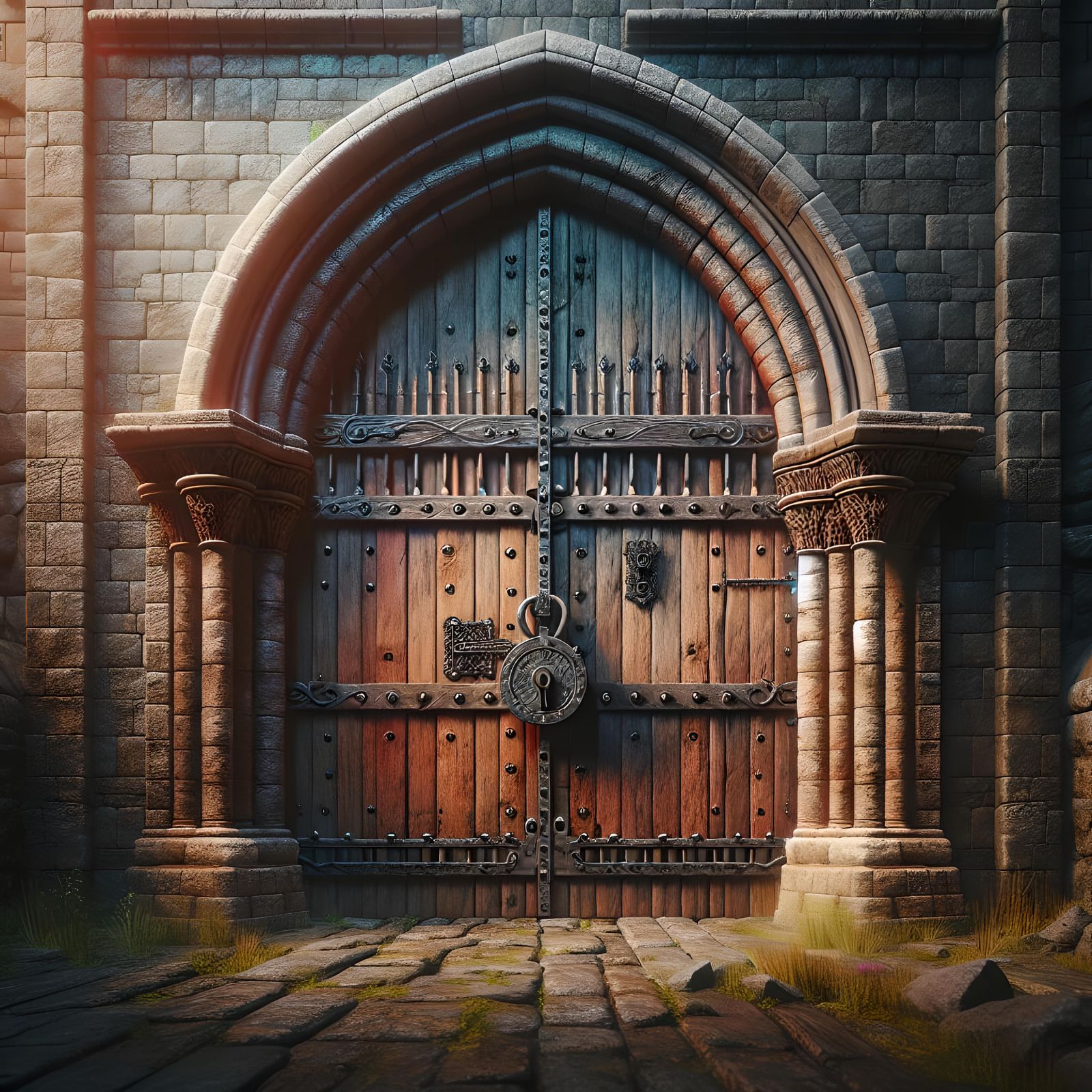 Forgotten Castle Door: Hyperrealistic Medieval Film Still