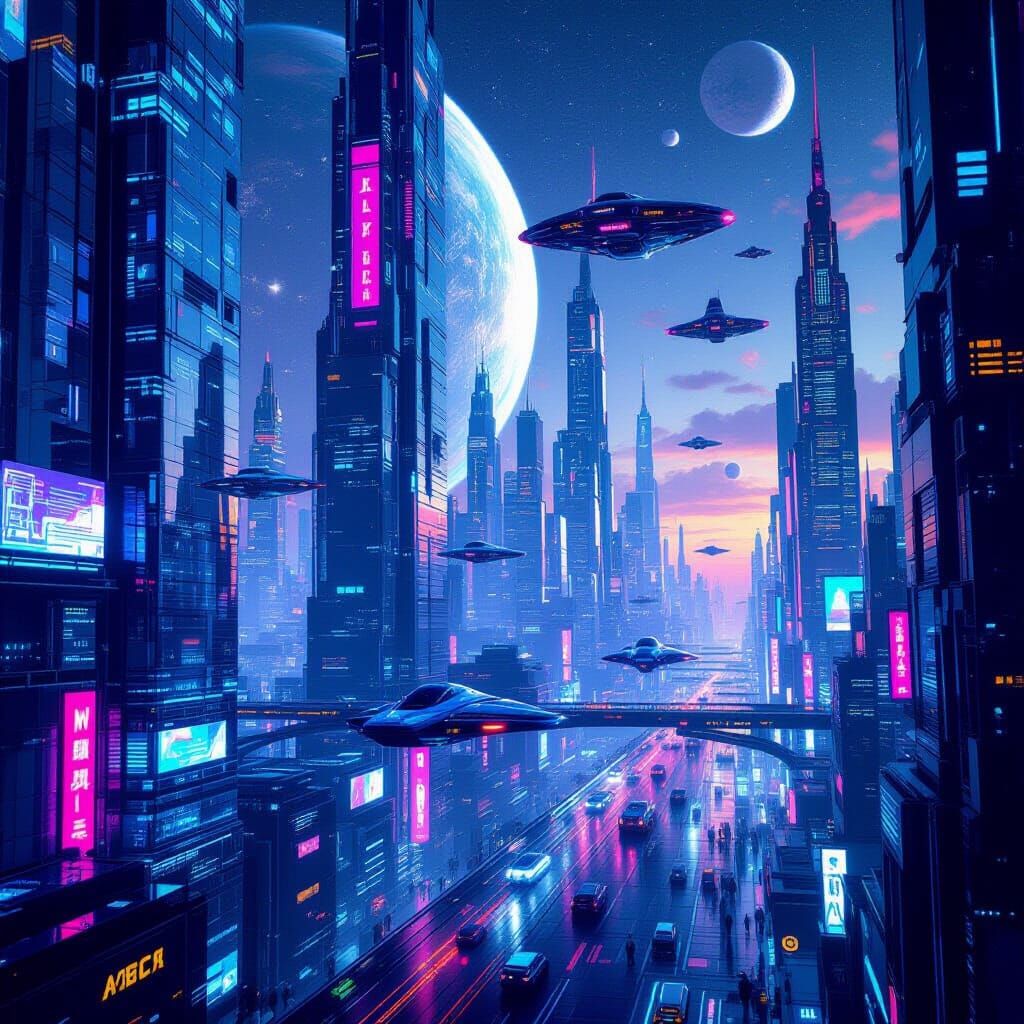 Futuristic Metropolis 2500: Neon Cityscape with Flying Cars