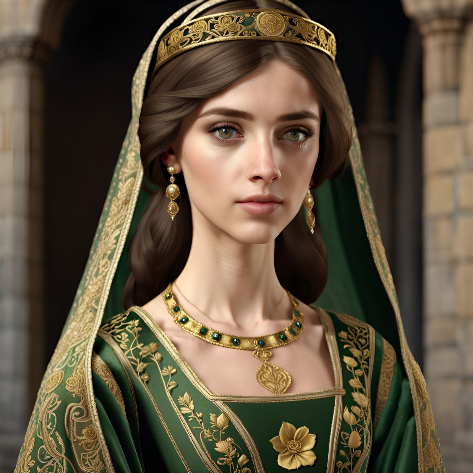 Medieval Noble Lady in Embroidered Gown