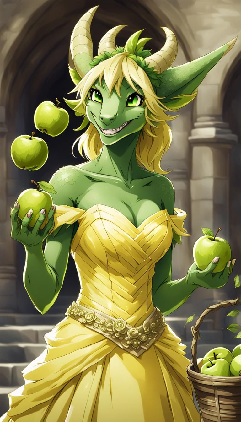 Green Dragoness with Apples in Anime Style