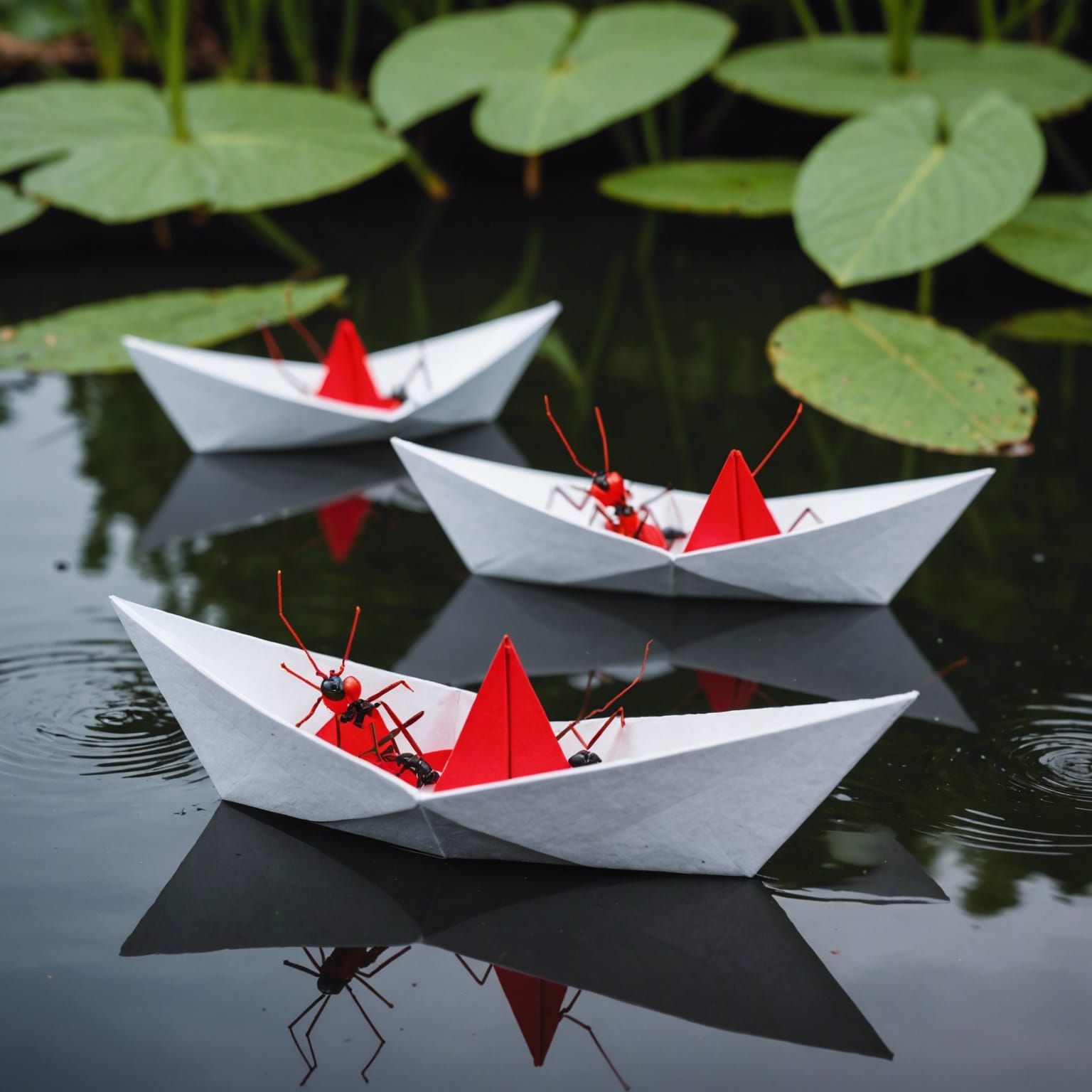 Ants Wage War in Origami Boat on Pond
