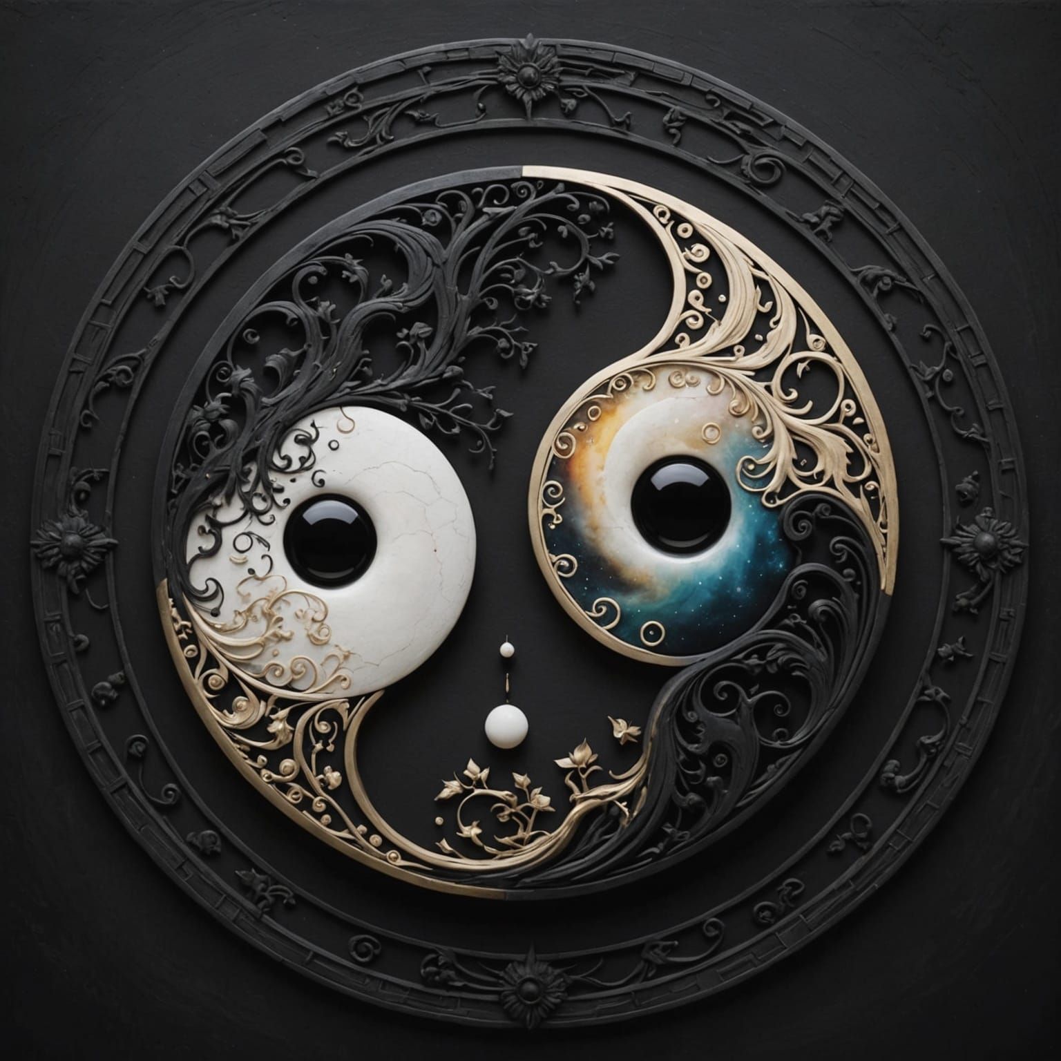 Surreal Yin and Yang Encounter in Gradual Dark Tones