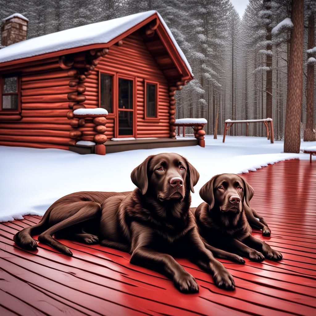 Chocolate Labs Sleeping in Winter Cabin Scene