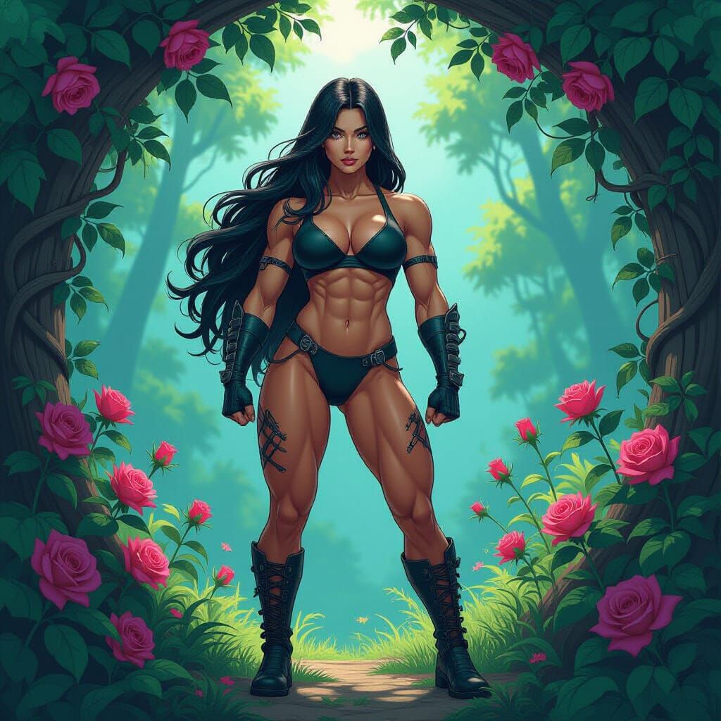 Bark-Limbed Bodybuilder in a Neon Rose Forest